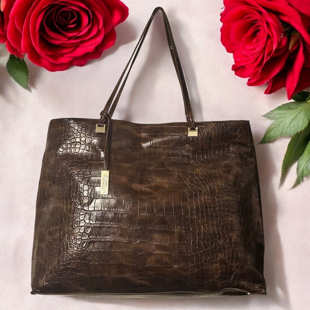 Ivanka Trump Purse Faux Alligator Brown Handbag Double Handles Pockets Charm Bag